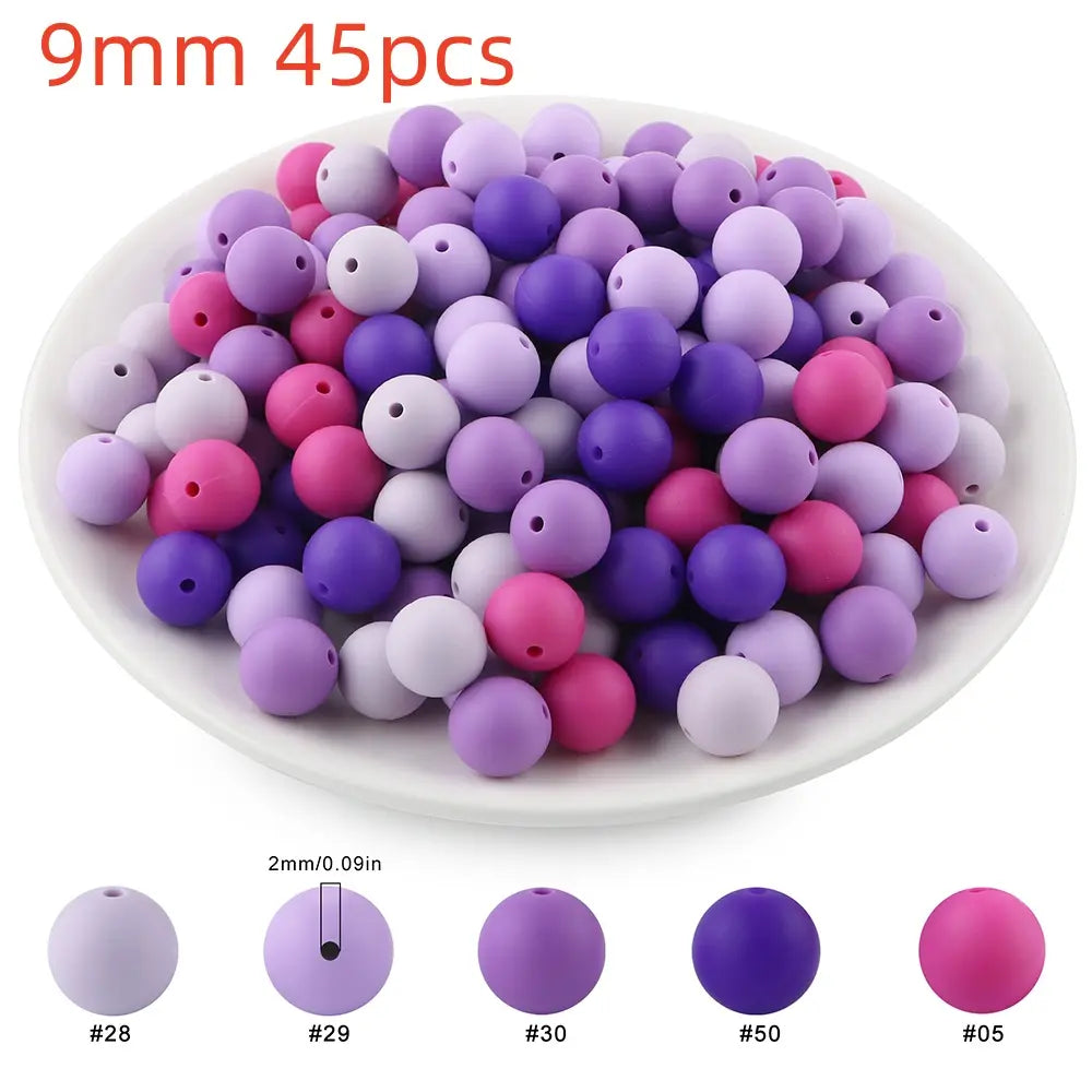 45pcs 9/12/15mm Solid Color Silicone Round Beads Combination DIY Beads Set Mixed in 5 colors Suitable for Making Beaded pens Bracelets and Phone Lanyards