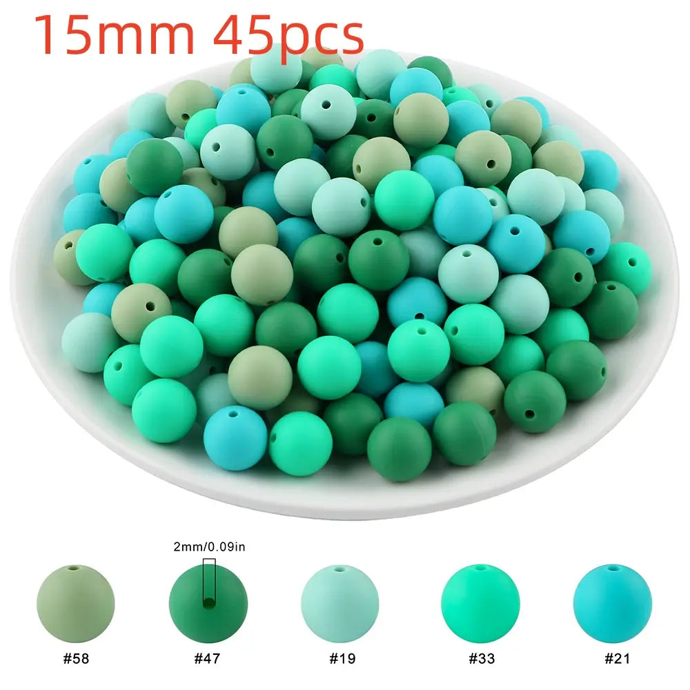 45pcs 9/12/15mm Solid Color Silicone Round Beads Combination DIY Beads Set Mixed in 5 colors Suitable for Making Beaded pens Bracelets and Phone Lanyards