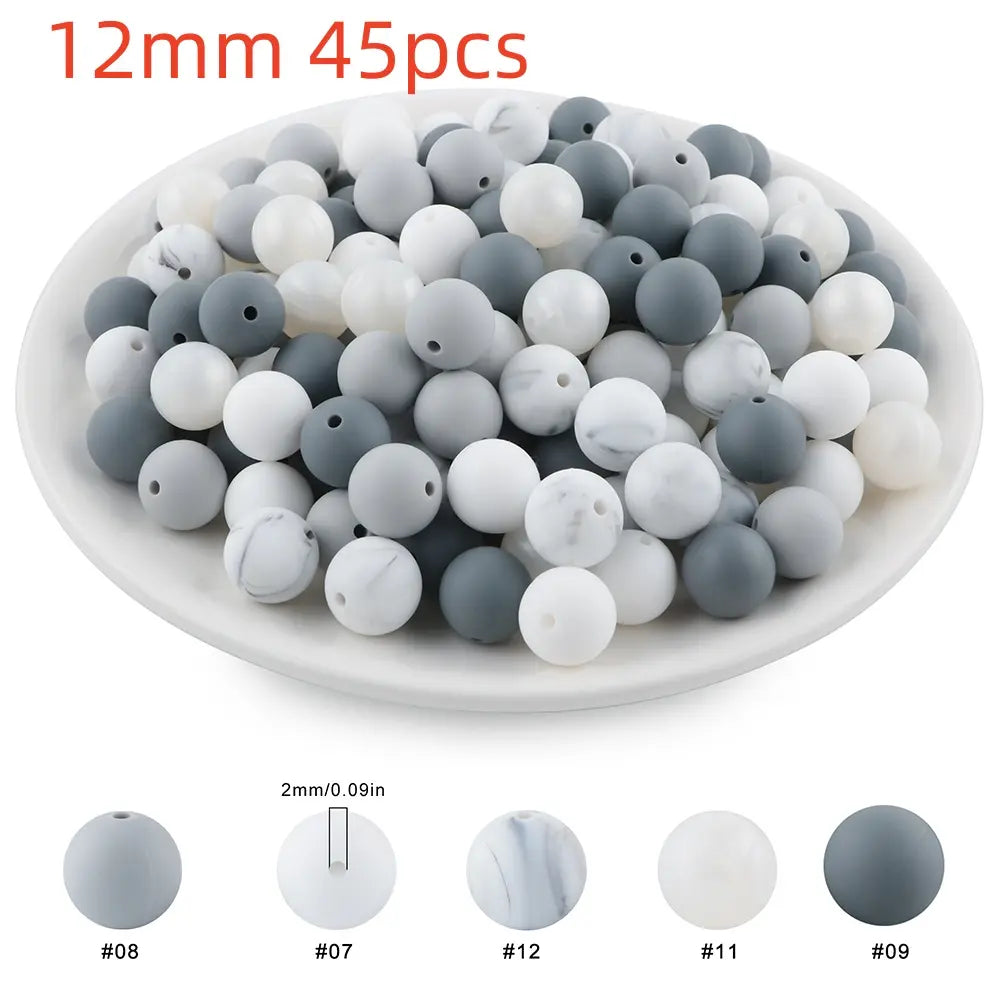45pcs 9/12/15mm Solid Color Silicone Round Beads Combination DIY Beads Set Mixed in 5 colors Suitable for Making Beaded pens Bracelets and Phone Lanyards