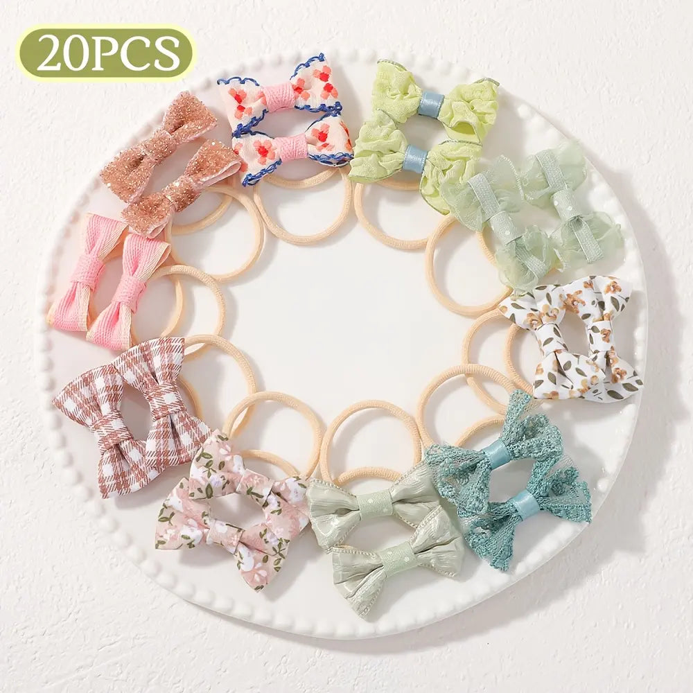20‑Pcs Boho‑Style Fabric Bow & Flower Hair Ties, Cute Elastic Hair Scrunchies, Soft Decorative Hair Accessories for Daily Hairstyle Styling  >,sohochic