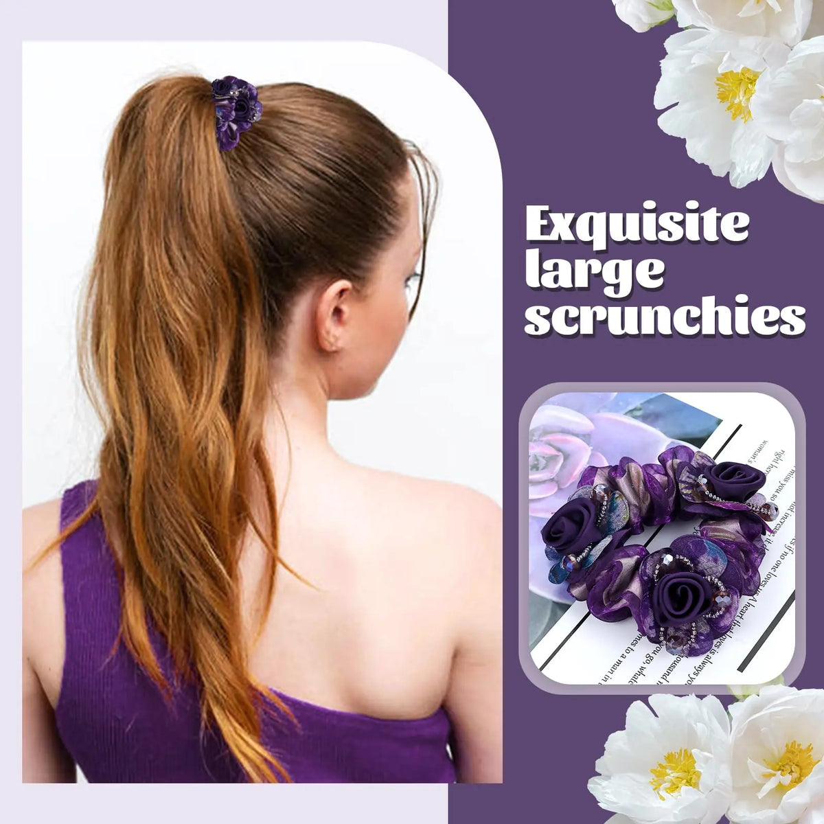 Women's 7-Pack Mesh Rose Flower Fabric Hair Scrunchies - 19cm Stretchy Nature No-Pulling Elastic Ponytail Holders, 9cm Diameter, Elegant Secure Everyday Accessory for Daily Use, Gifting