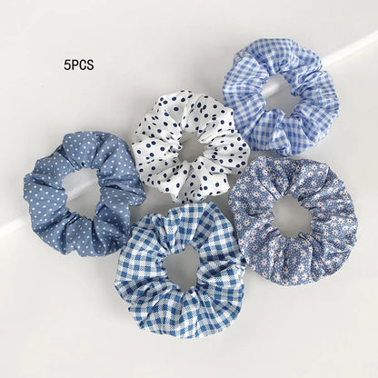 Women's Vintage Pastel Band-Shaped Hairbands & Scrunchies - Plaid/Polka, Floral Prints, Metal Accents, Elastic Fabric Hair Rubber Bands for Everyday Hairstyles