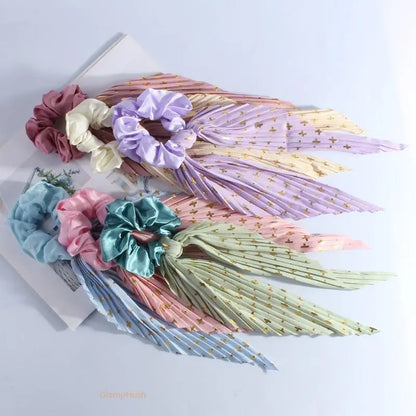 3PC Pleated Satin Scarf Scrunchie, Gold Foil Cross Print Bow Ribbon Hair Tie, Long Streamer Ponytail Hair Scrunchies for Women Girls
