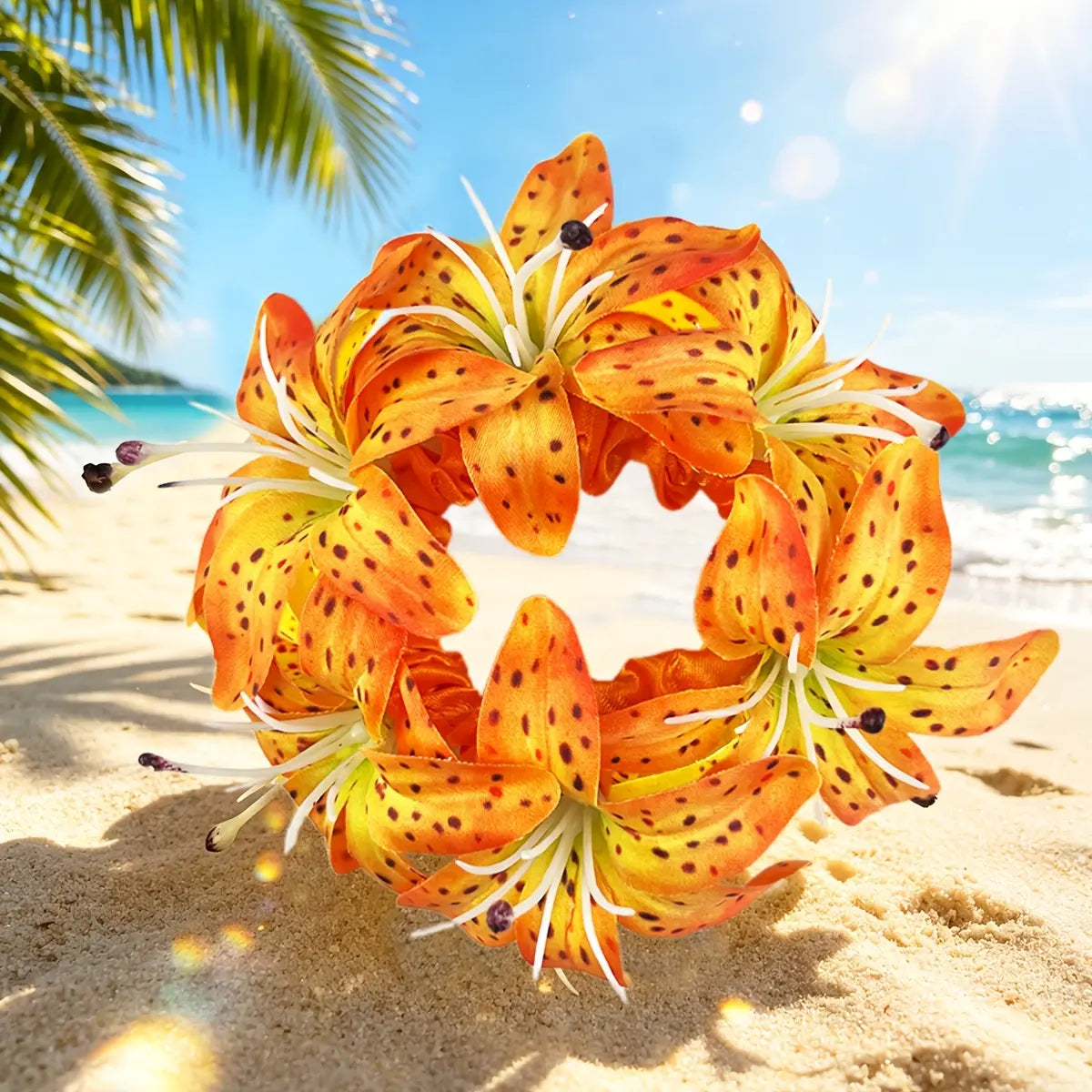 Women's 4-PCS Lightweight Romantic Synthetic Full Bloom Boho Artificial Lily Scrunchie, Big Floral Elastic Cute Hairbands & Scrunchies, Vacation Beach Hair Decor - Ideal for Beach Vacation, Wedding, Festival Styling sohochic