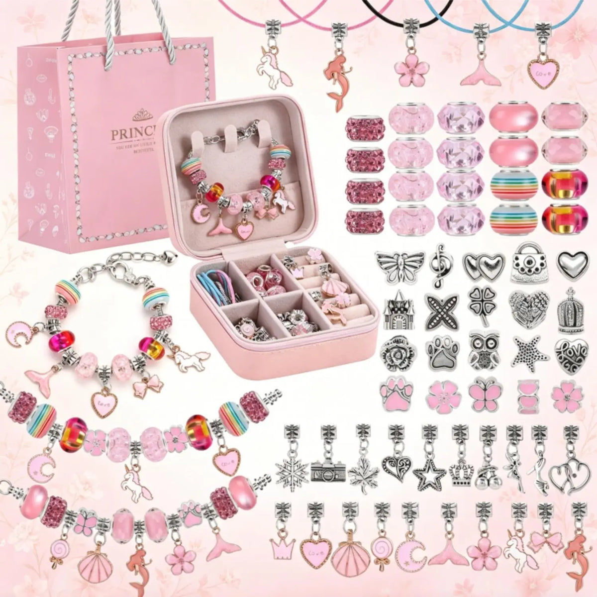 68Pcs Colorful Iridescent Girl Charm Bracelet Making Kit for Girls and Women Cute Pink and Purple DIY Jewelry Set with Special Handbag Charms and Beads Arts & Crafts Idea Birthday New-Year Christmas Grad Bestie Toy Gift for Girls