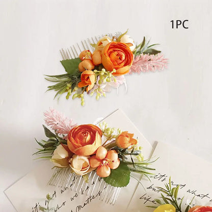 Wedding Flower Hair Comb Boho Wedding Orange Bridal Headpieces Hairpins Bride Hair Combs Floral Slide Hairing Clips Accessories for Women and Girls Long Hair