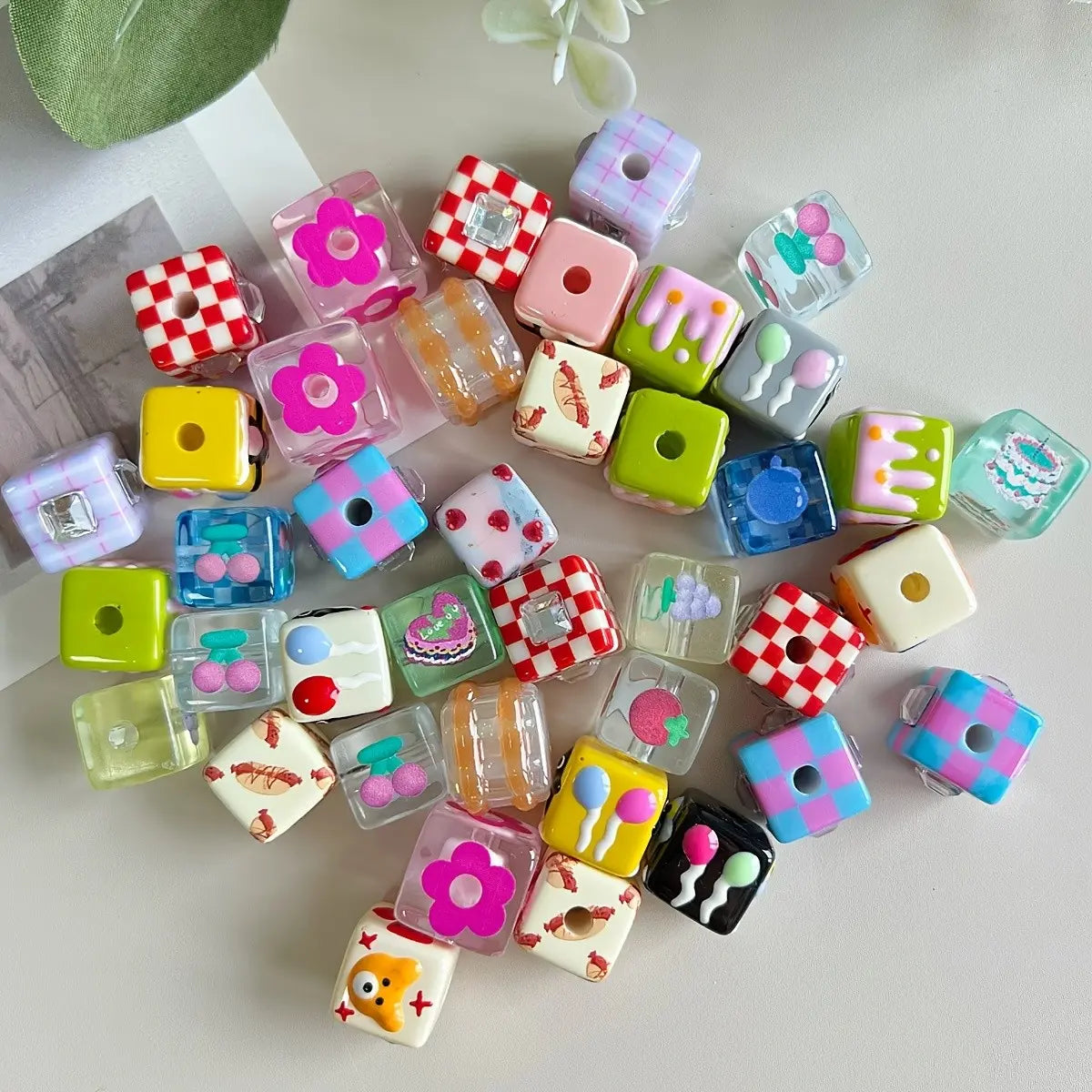10pcs 14mm Square Beads, DIY Beads, Beads For Crafts, Hand-Drawn Patterns, Nordic Style, for Bracelets, Phone Chains, Keychains, Pet Necklaces, Unique Accessories