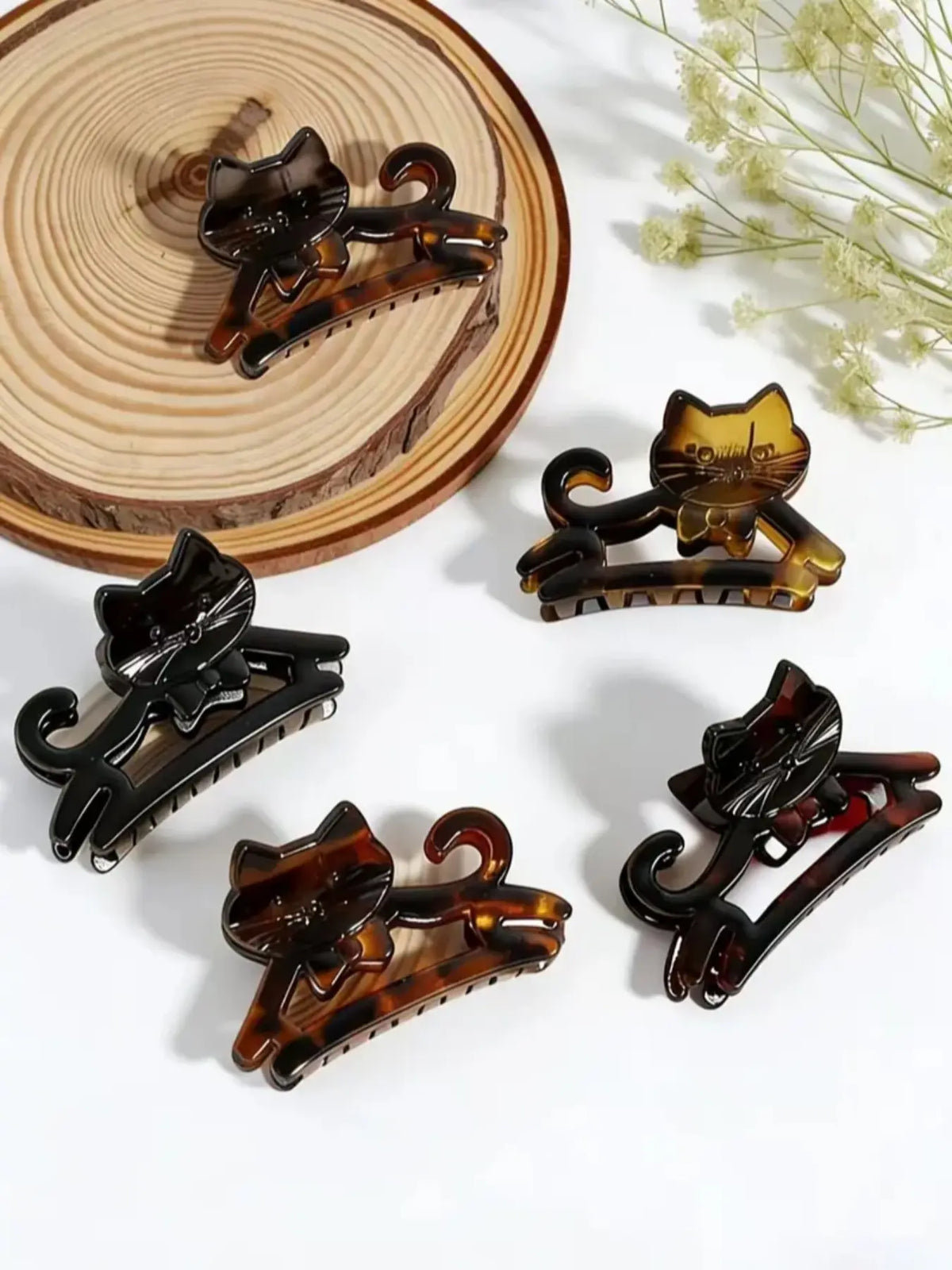 5‑Pack Cute Cat Shaped Hair Claw Clips Set, Tortoise Shell Animal Design Non‑Slip Jaw Hair Clamps, Novelty Aesthetic Decorative Hair Grab Clips, Strong Hold Hair Accessories for Women & Girls Thick Thin Hair, Hair Claws Set